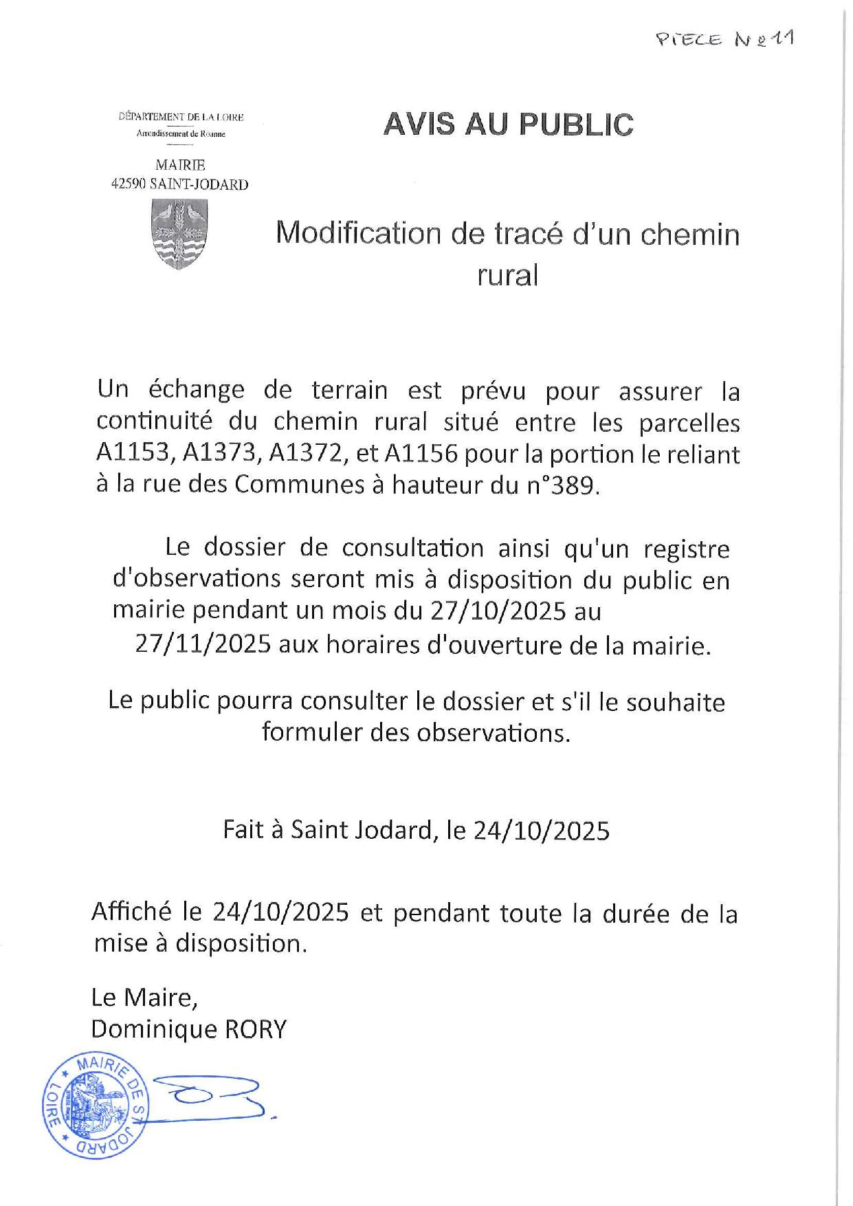 AVIS PUBLIC Modification tracé chemin rural